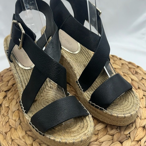 Kennith Cole New York Jute And Black Leather Strap Wedged Summer Sandals - Picture 1 of 7